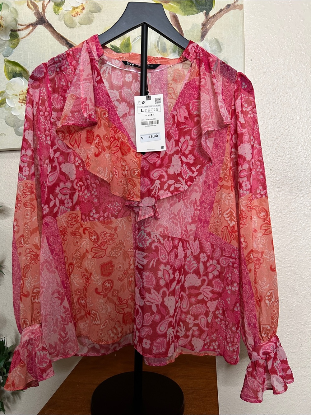 Zara Pink and Coral Sheer Ruffle Blouse